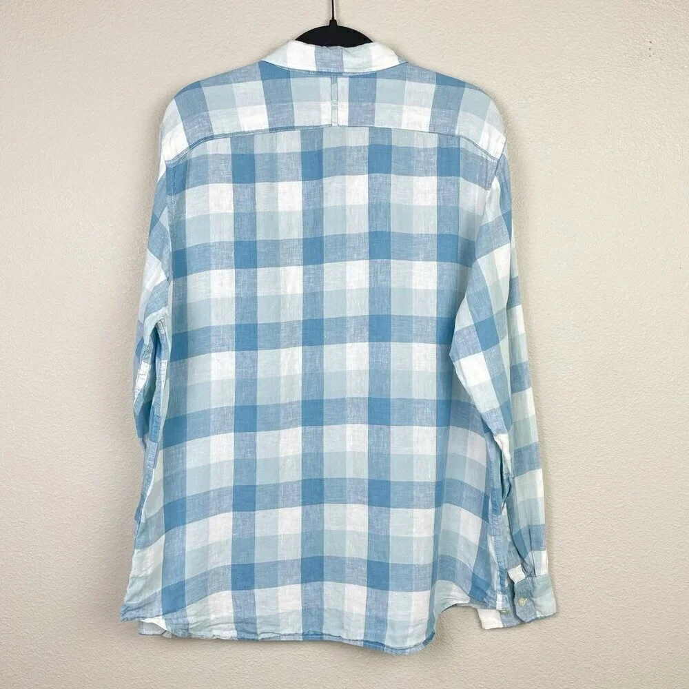 Banana Republic Men's Large Camden Fit 100% Linen Plaid Shirt Collare Button Blu